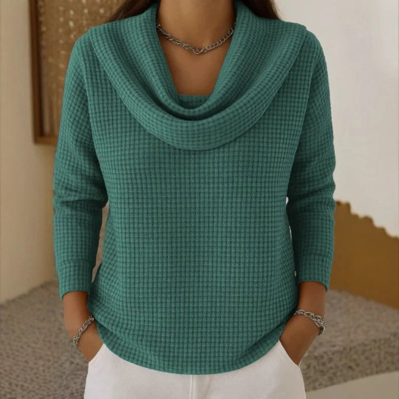 Women’s Textured Waffle-Knit Cowl Neck Sweater – Fitted Soft Jumper for Elegant Autumn Office and Casual Wear