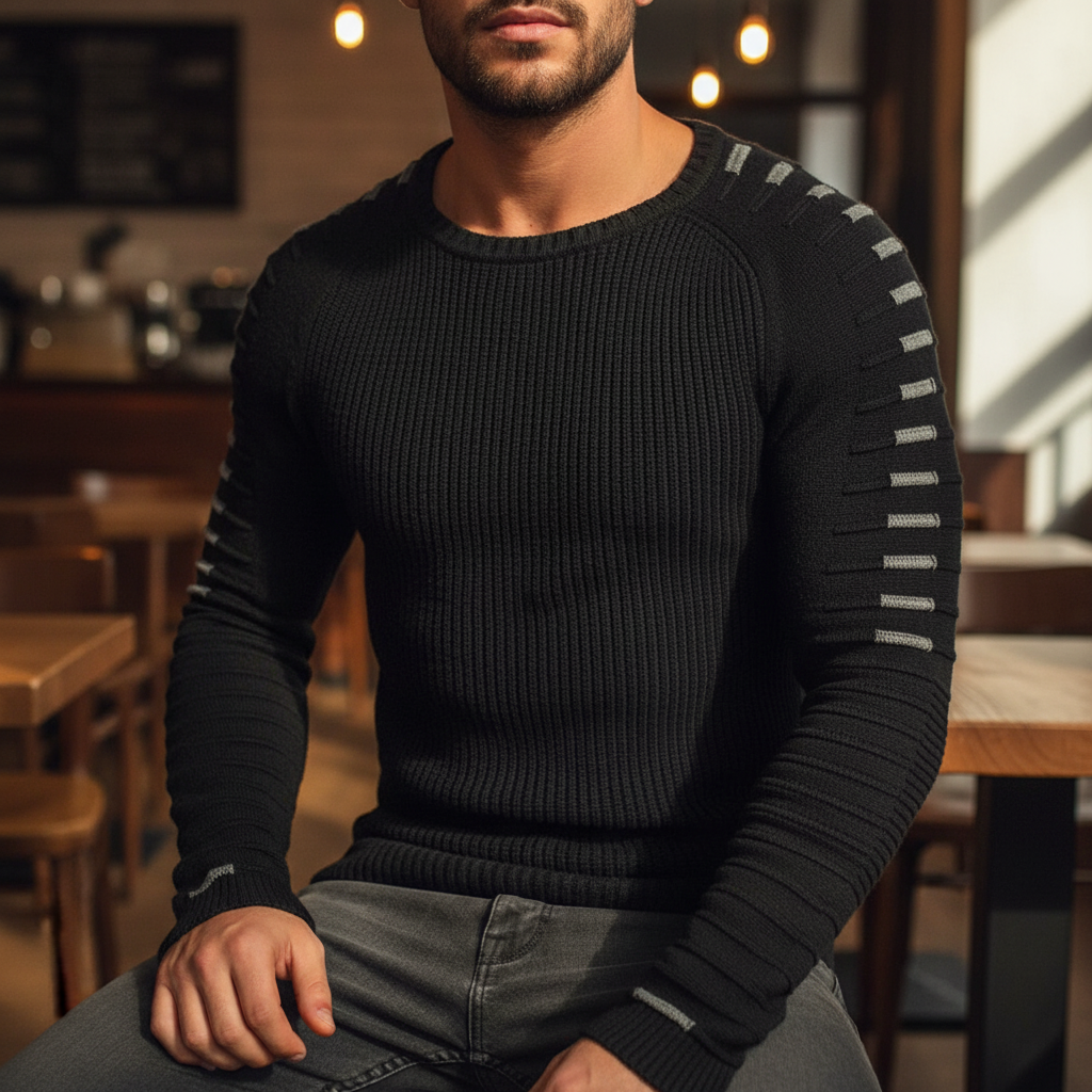 Herrestrikket rundhalset sweater med trykte ærmer