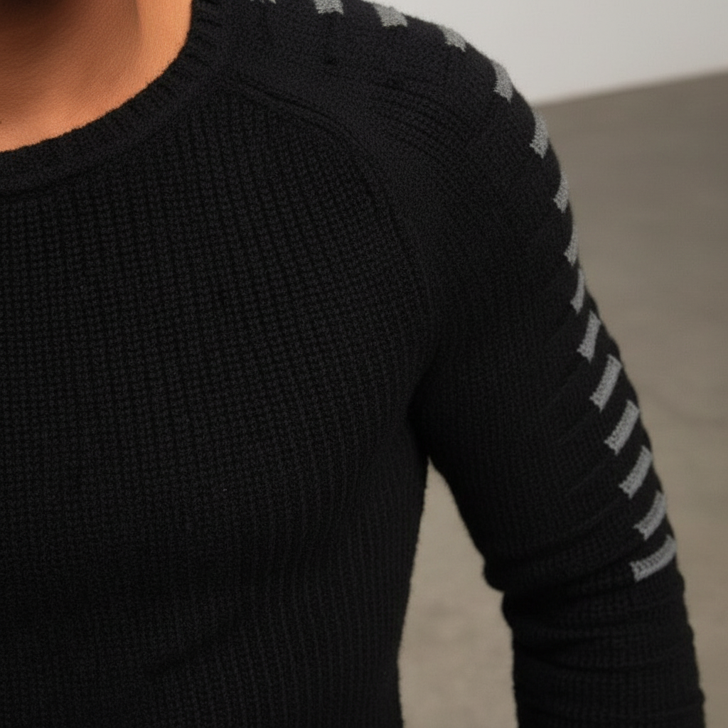 Herrestrikket rundhalset sweater med trykte ærmer