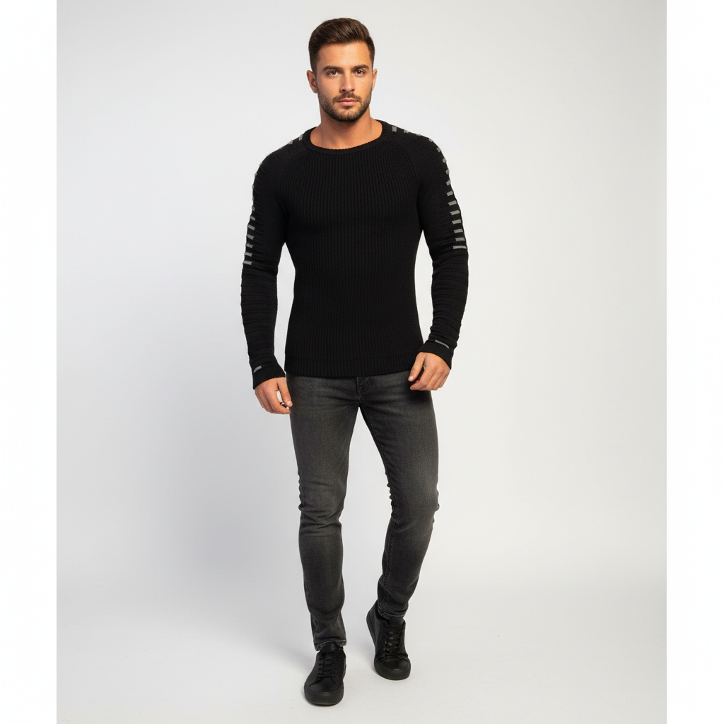 Herrestrikket rundhalset sweater med trykte ærmer