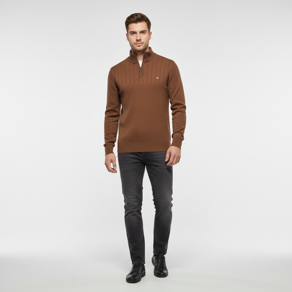 Herrestrikket kvart-zip sweater med ståkrave