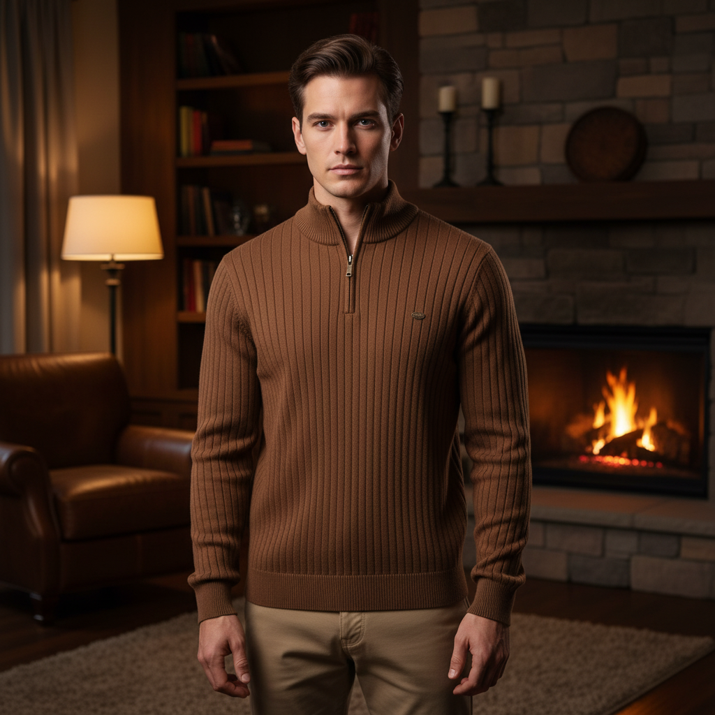 Herrestrikket kvart-zip sweater med ståkrave