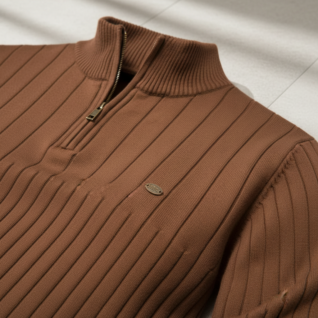 Herrestrikket kvart-zip sweater med ståkrave