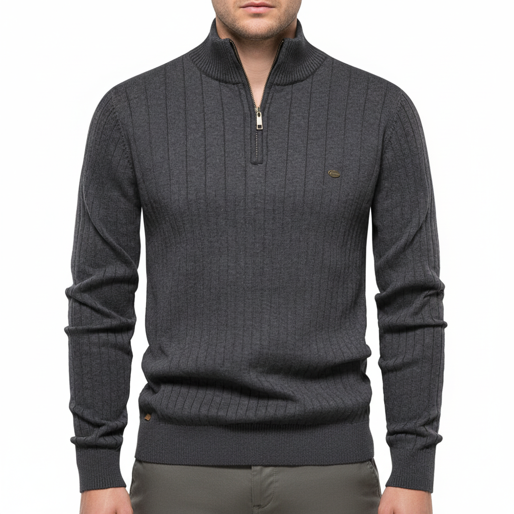 Herrestrikket kvart-zip sweater med ståkrave