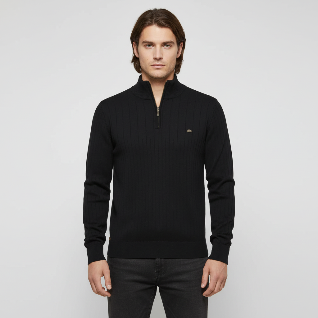 Herrestrikket kvart-zip sweater med ståkrave