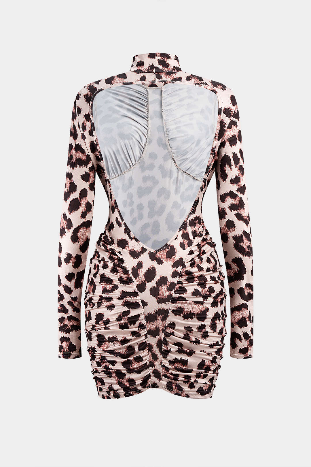 Mini-jurk met luipaardprint en rimpeldetails voor dames - aansluitende jurk met lange mouwen, hoge hals en figuurvolgende pasvorm voor avondfeesten en speciale gelegenheden