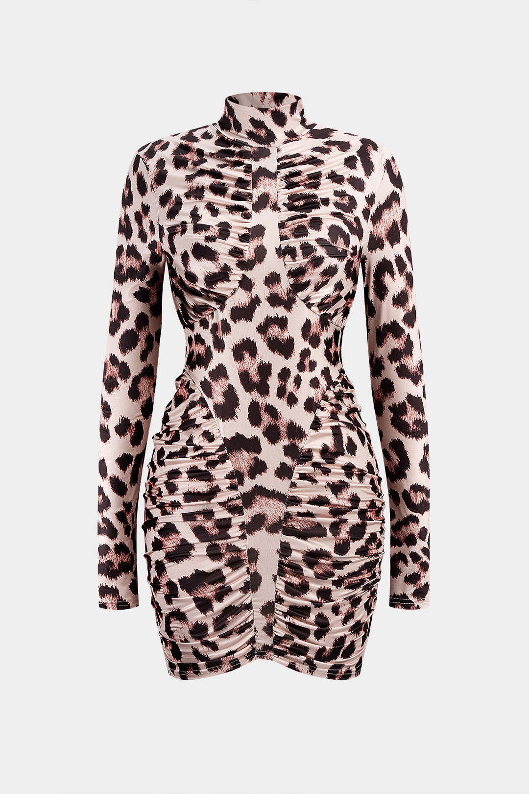Mini-jurk met luipaardprint en rimpeldetails voor dames - aansluitende jurk met lange mouwen, hoge hals en figuurvolgende pasvorm voor avondfeesten en speciale gelegenheden