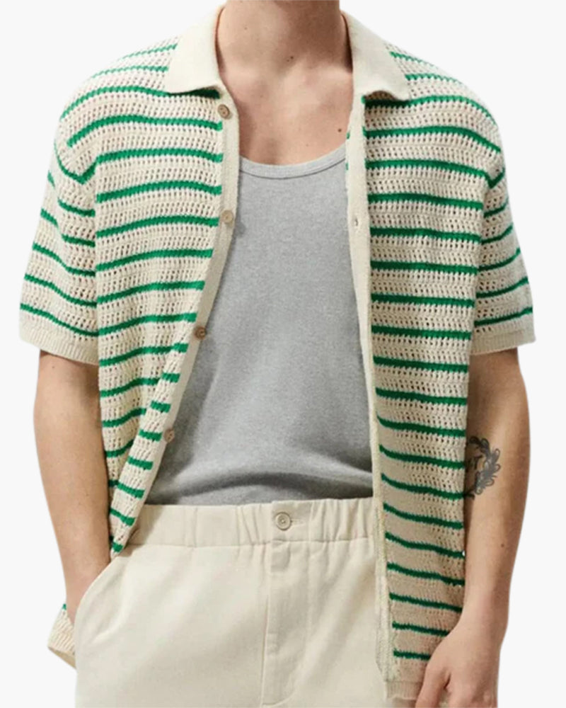 Men’s Striped Crochet Knit Button Up Summer Polo Shirt