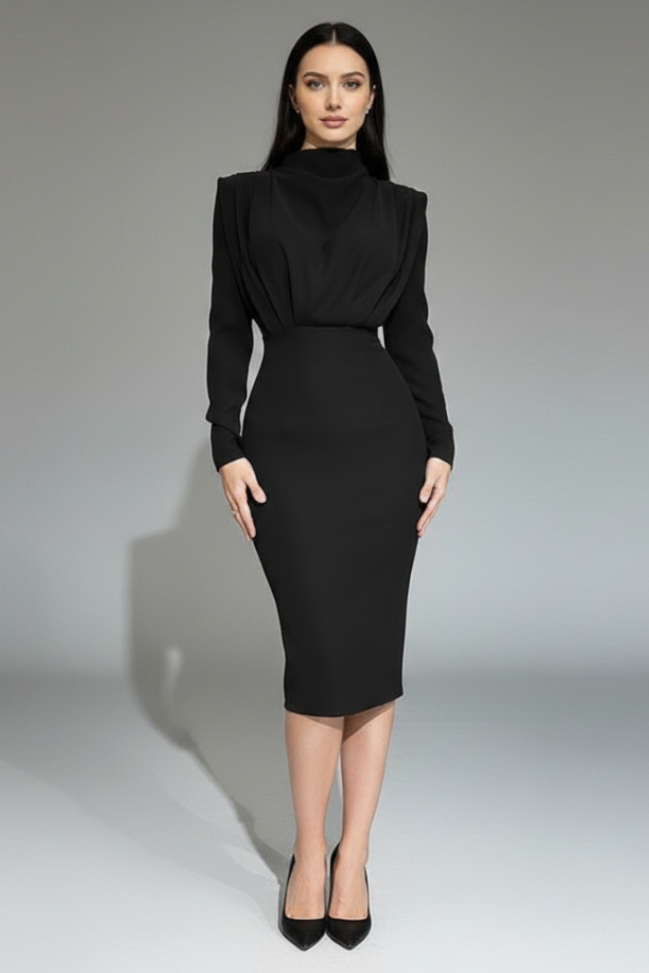 Women’s Long Sleeve Mock Neck Midi Dress Elegant Tailored Silhouette