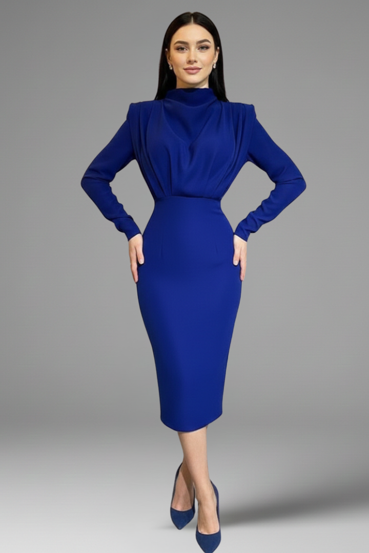 Women’s Long Sleeve Mock Neck Midi Dress Elegant Tailored Silhouette