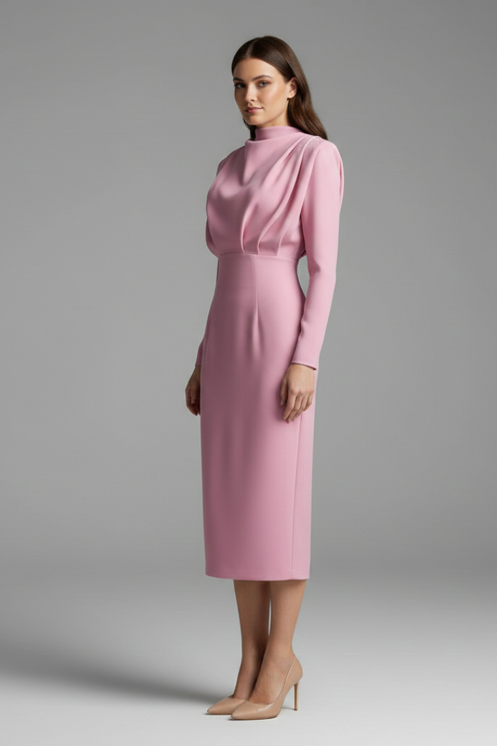 Women’s Long Sleeve Mock Neck Midi Dress Elegant Tailored Silhouette