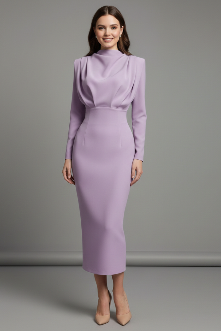 Women’s Long Sleeve Mock Neck Midi Dress Elegant Tailored Silhouette