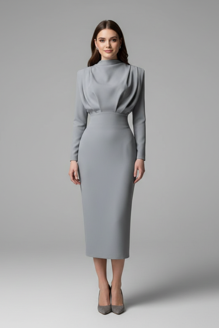 Women’s Long Sleeve Mock Neck Midi Dress Elegant Tailored Silhouette