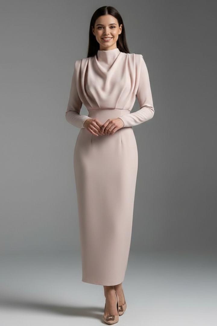 Women’s Long Sleeve Mock Neck Midi Dress Elegant Tailored Silhouette