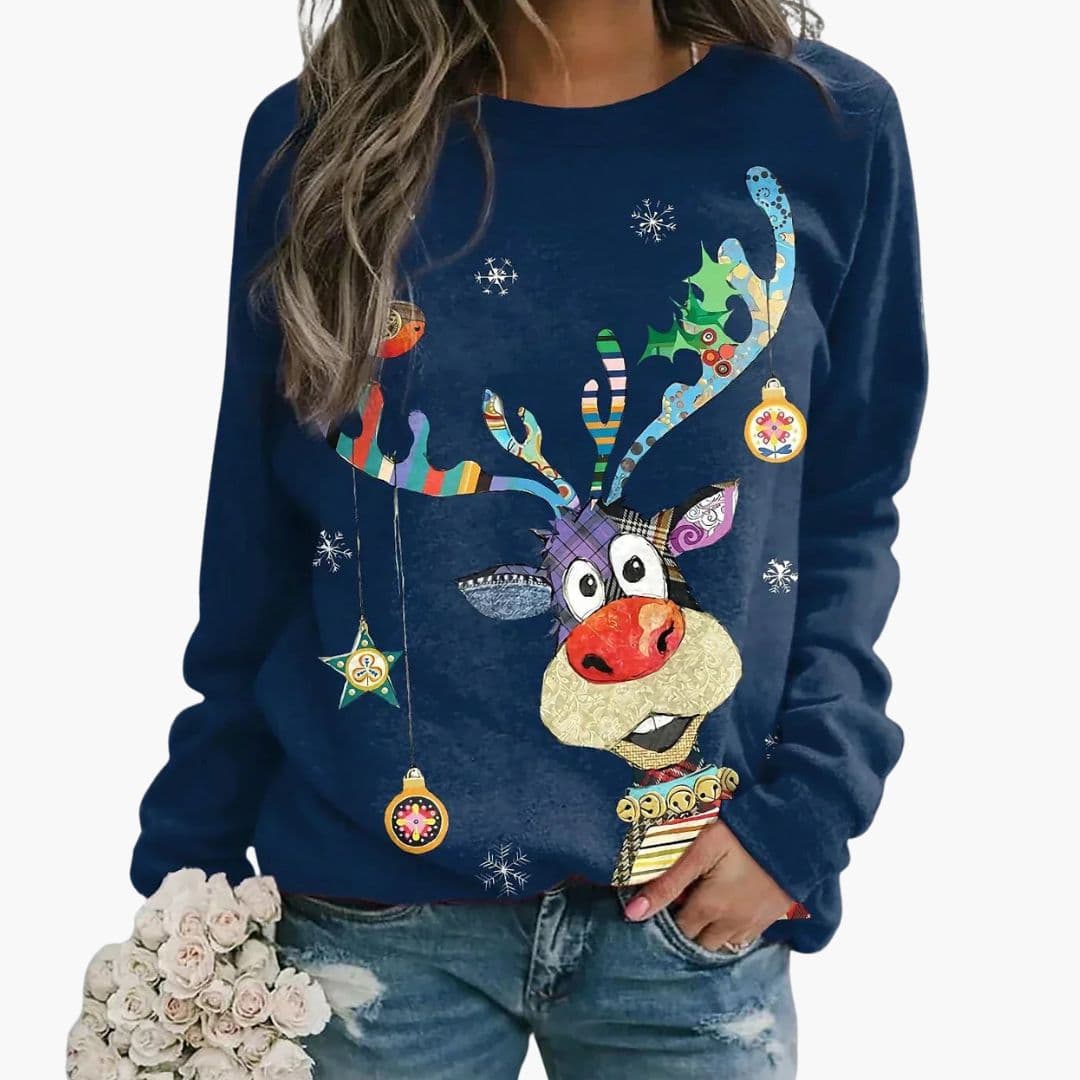 Sweatshirt com renas de Natal para mulher, com mangas compridas – Modelo descontraído de gola redonda para looks festivos casuais