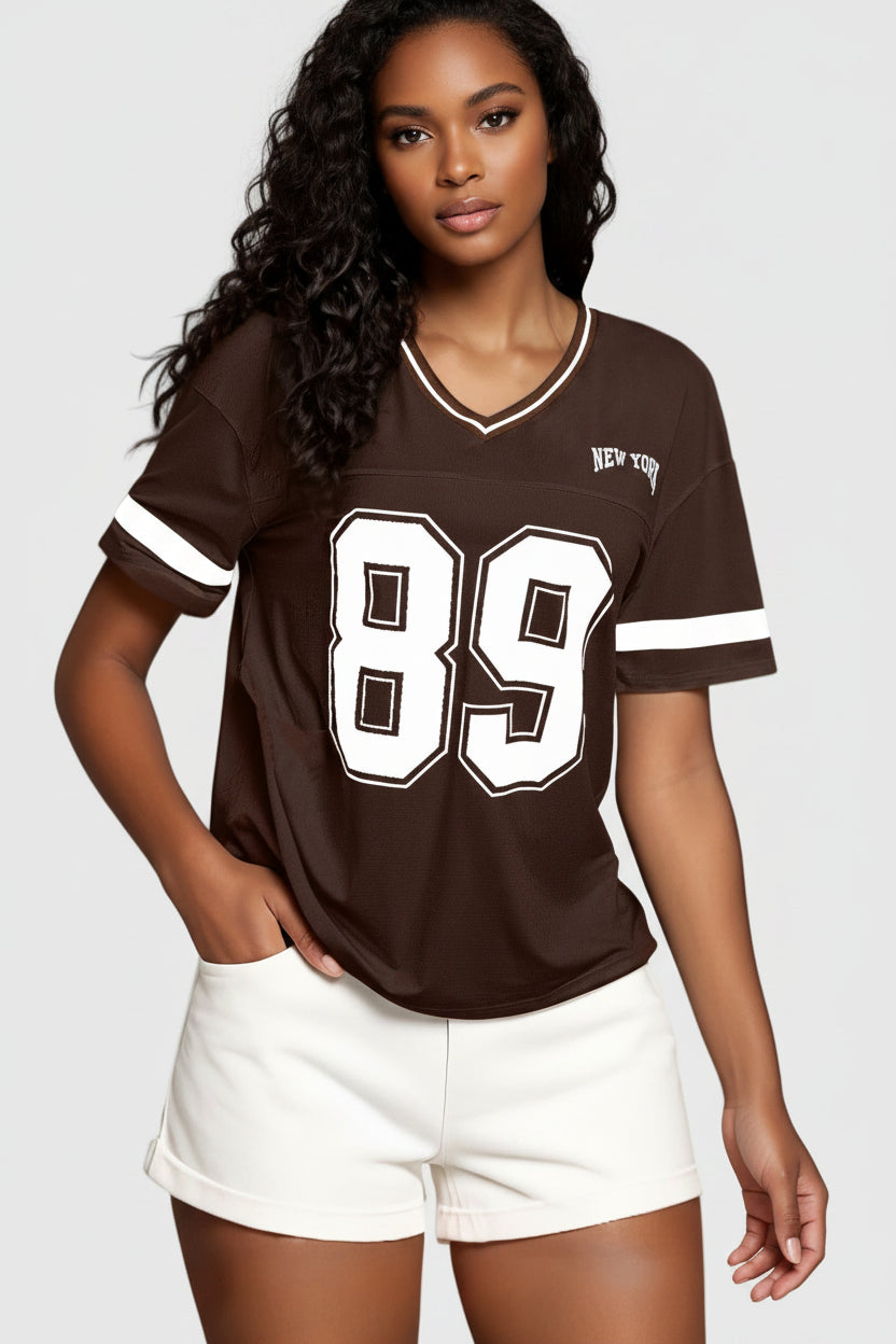 Women’s Printed T-Shirt V Neck Varsity Jersey Fit