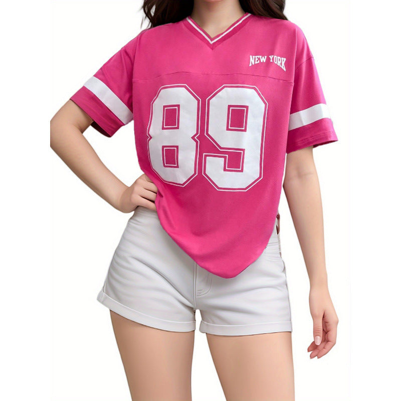 Women’s Printed T-Shirt V Neck Varsity Jersey Fit