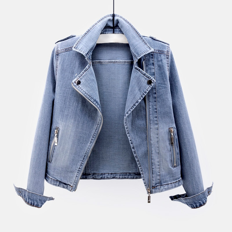 Dames bikerjakke i denim – kort motojakke med lynlåslukning og reverskrave til afslappet hverdagsbrug