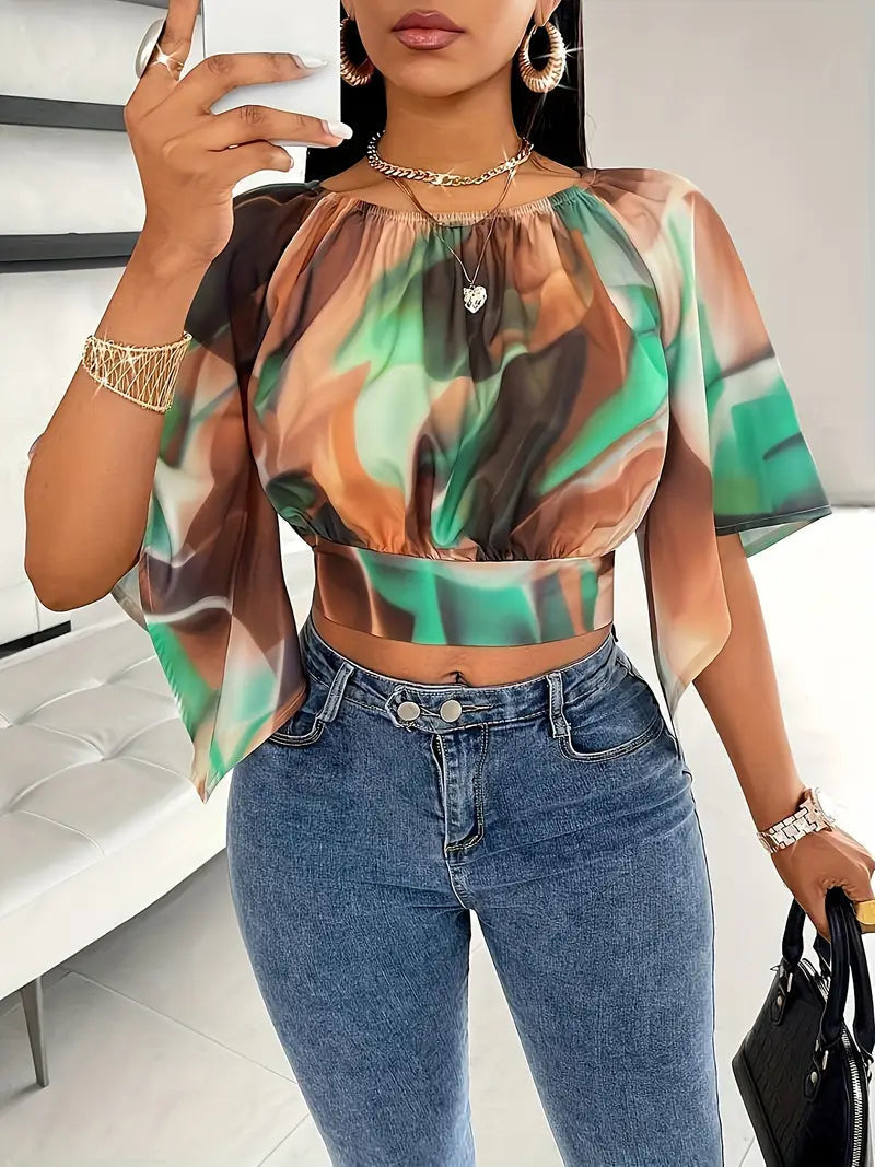 Haut court imprimé pour femme – top d’été à manches papillon drapées, idéal pour les vacances et les soirées