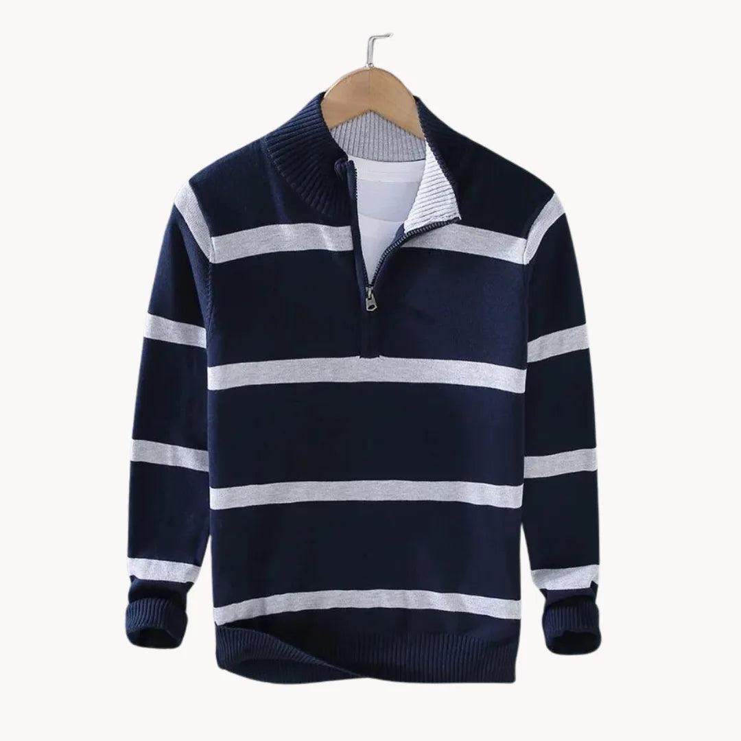 Jersey de hombre con cremallera hasta el pecho, cuello alto, tejido a rayas, manga larga, casual, para uso diario y capas