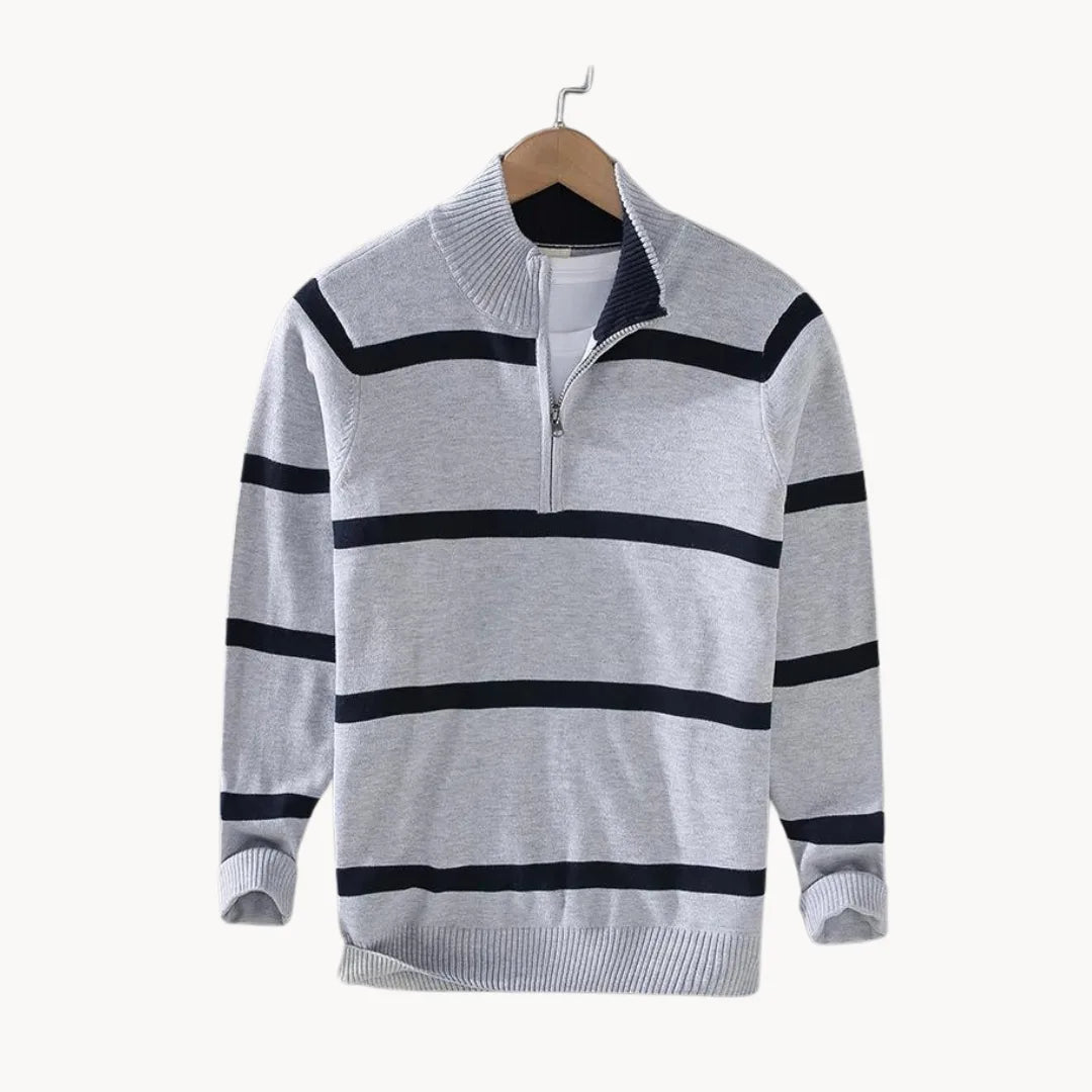 Jersey de hombre con cremallera hasta el pecho, cuello alto, tejido a rayas, manga larga, casual, para uso diario y capas