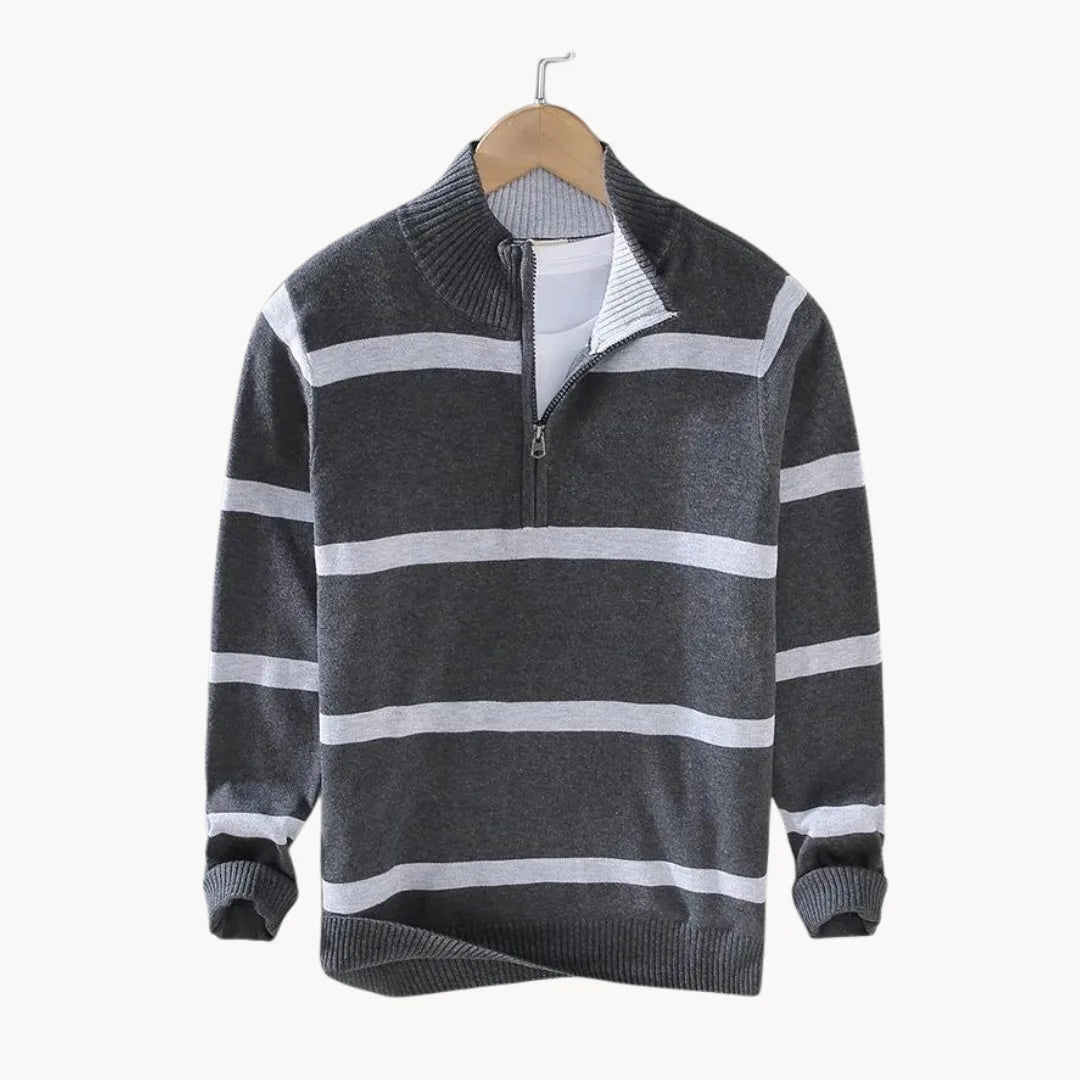 Jersey de hombre con cremallera hasta el pecho, cuello alto, tejido a rayas, manga larga, casual, para uso diario y capas