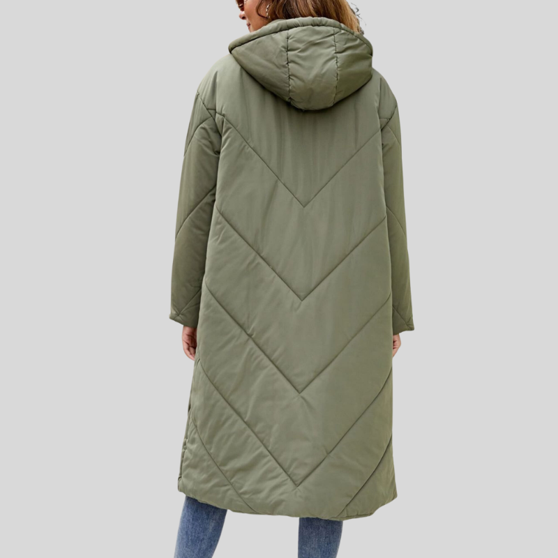 Dámský dlouhý péřový kabát – oversized vrstva s kapucí pro celoplošnou zimní ochranu