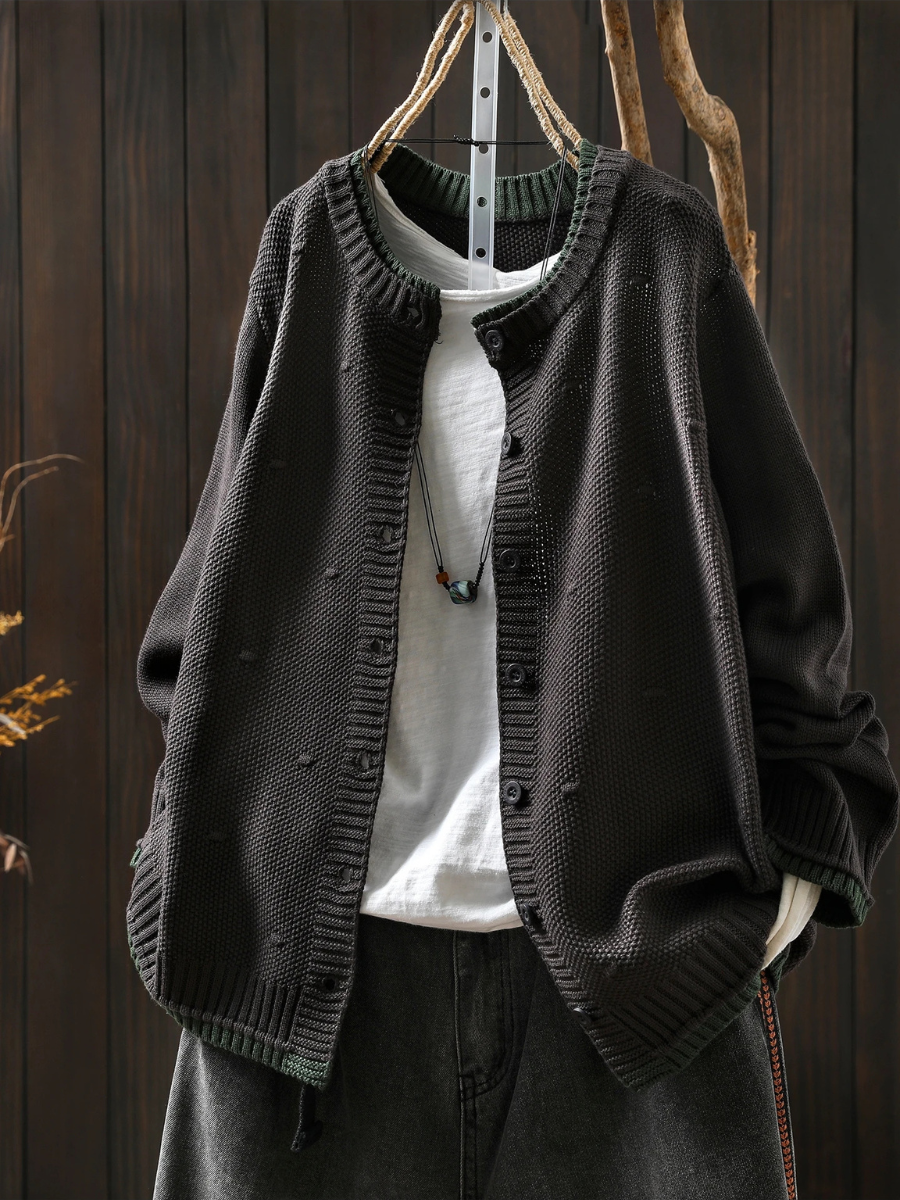 Damesvest van textuurrijk breisel met ronde hals en knoopsluiting - casual laag voor lente en herfst
