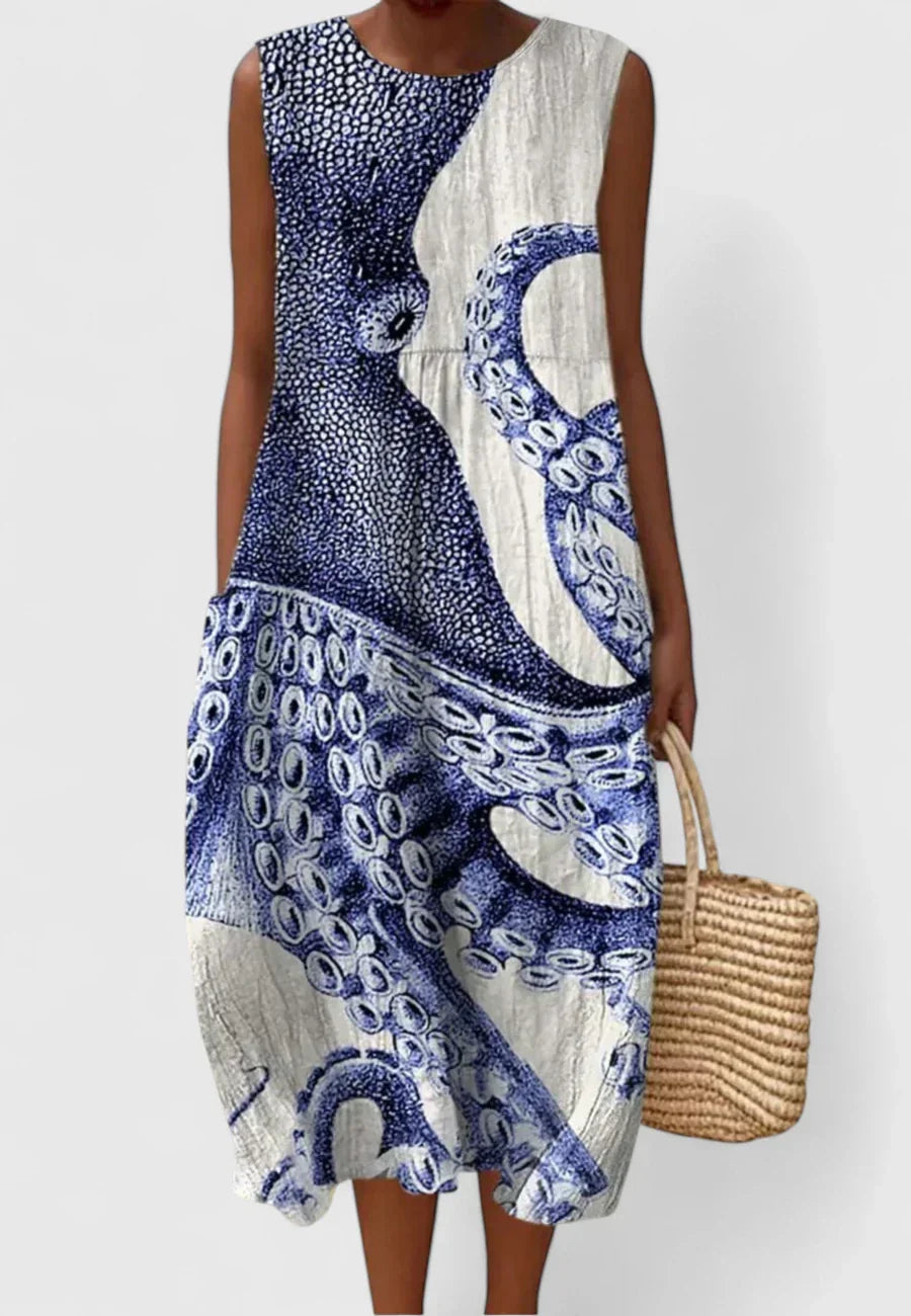 Women’s Printed Midi Beach Dress – Relaxed Sleeveless Cover-Up for Summer Holidays