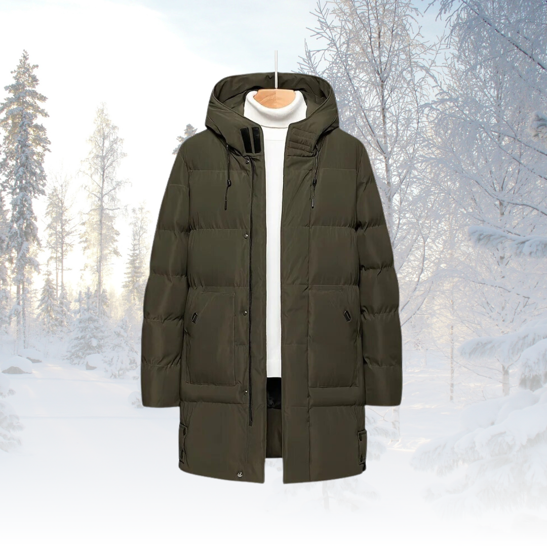 Abrigo acolchado largo con capucha para hombre – Capa aislante resistente a la intemperie para usar en invierno