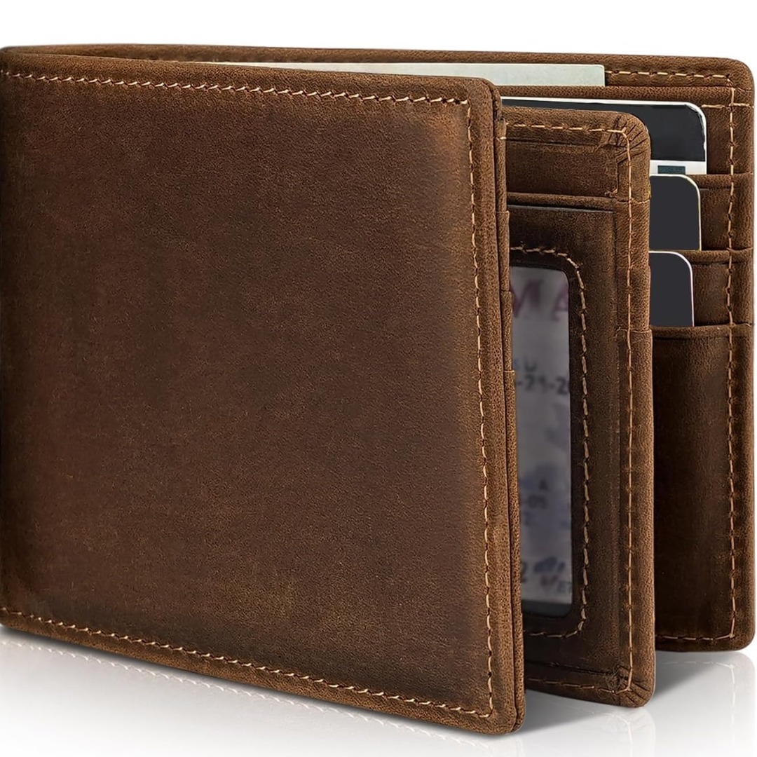 Męski smukły portfel blokujący RFID – dwuklapowy, z prawdziwej skóry, z 13 miejscami na karty i okienkiem na dowód osobisty