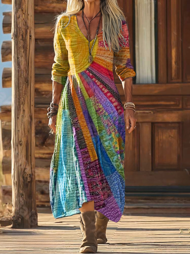 Γυναικείο Φόρεμα Boho Maxi με Σχέδιο, Χαλαρή Γραμμή και V-Λαιμόκοψη