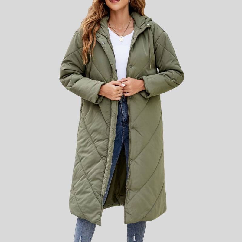 Dámský dlouhý péřový kabát – oversized vrstva s kapucí pro celoplošnou zimní ochranu