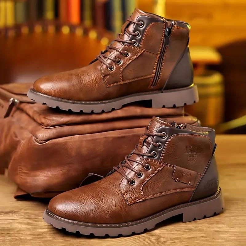 Herren-Schnürstiefeletten – Klassisches Lederdesign mit seitlichem Reißverschluss und robuster Profilsohle