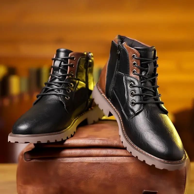 Herren-Schnürstiefeletten – Klassisches Lederdesign mit seitlichem Reißverschluss und robuster Profilsohle