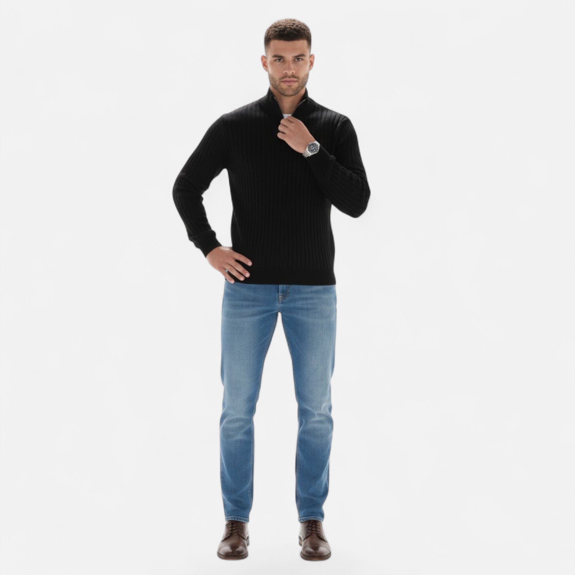 Valmonti | Men’s Heritage Vertical-Bar Half-Zip Knit Sweater