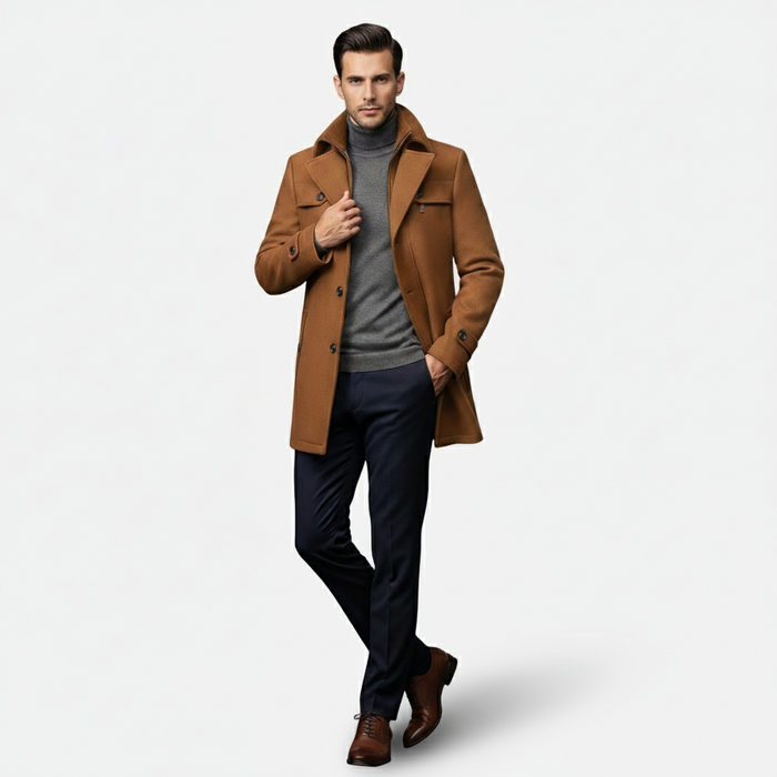 Valmonti | Men’s Single-Breasted Stand-Collar Wool Blend Coat