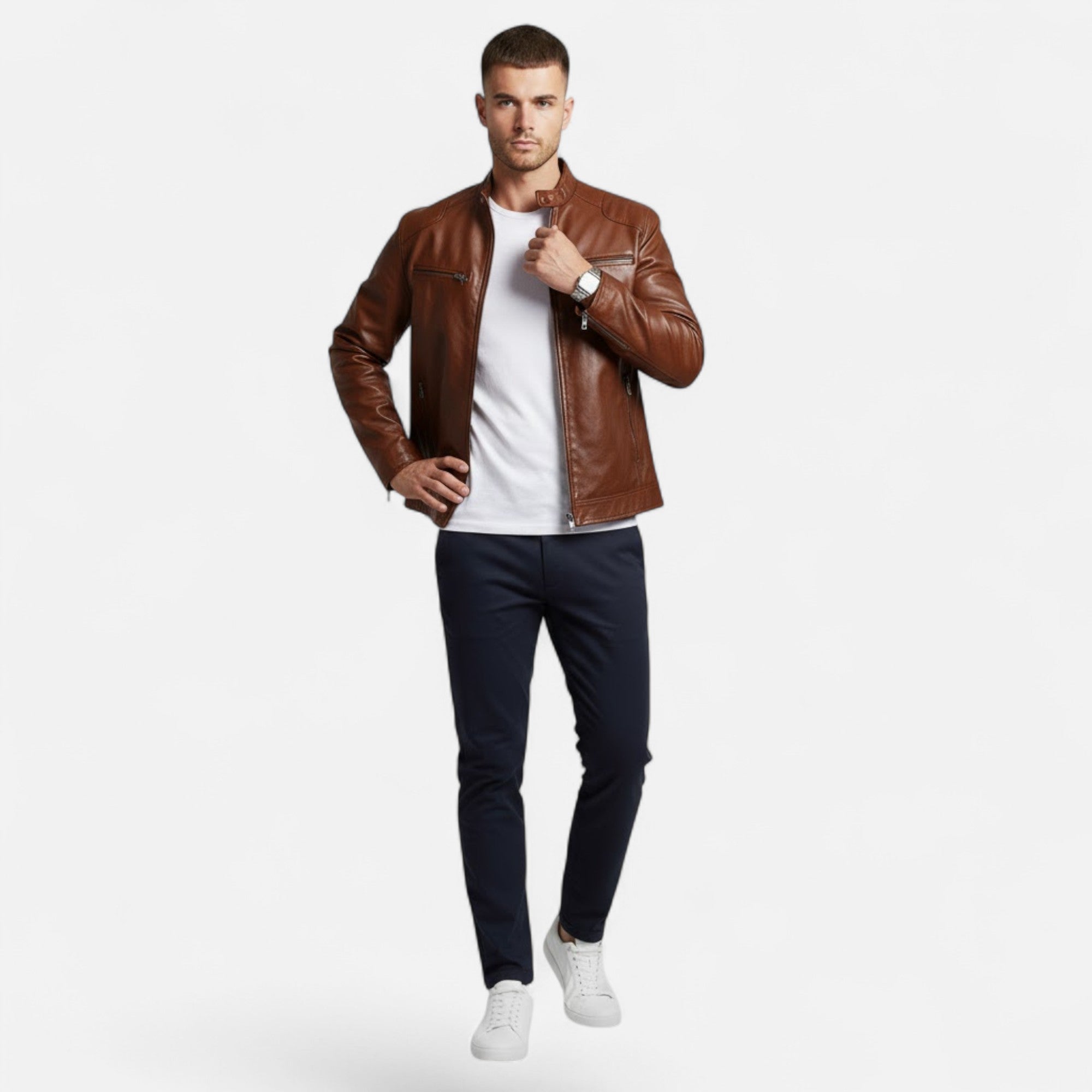 Valmonti | Men’s Stand-Collar Zip-Front Leather Jacket