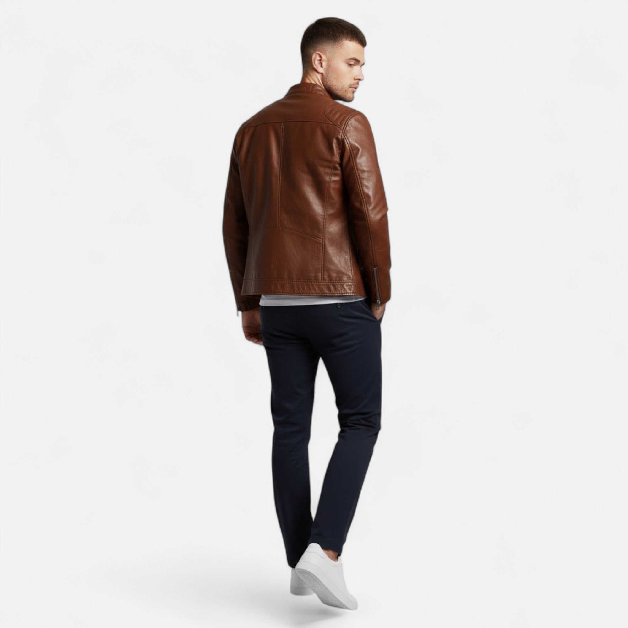 Valmonti | Men’s Stand-Collar Zip-Front Leather Jacket