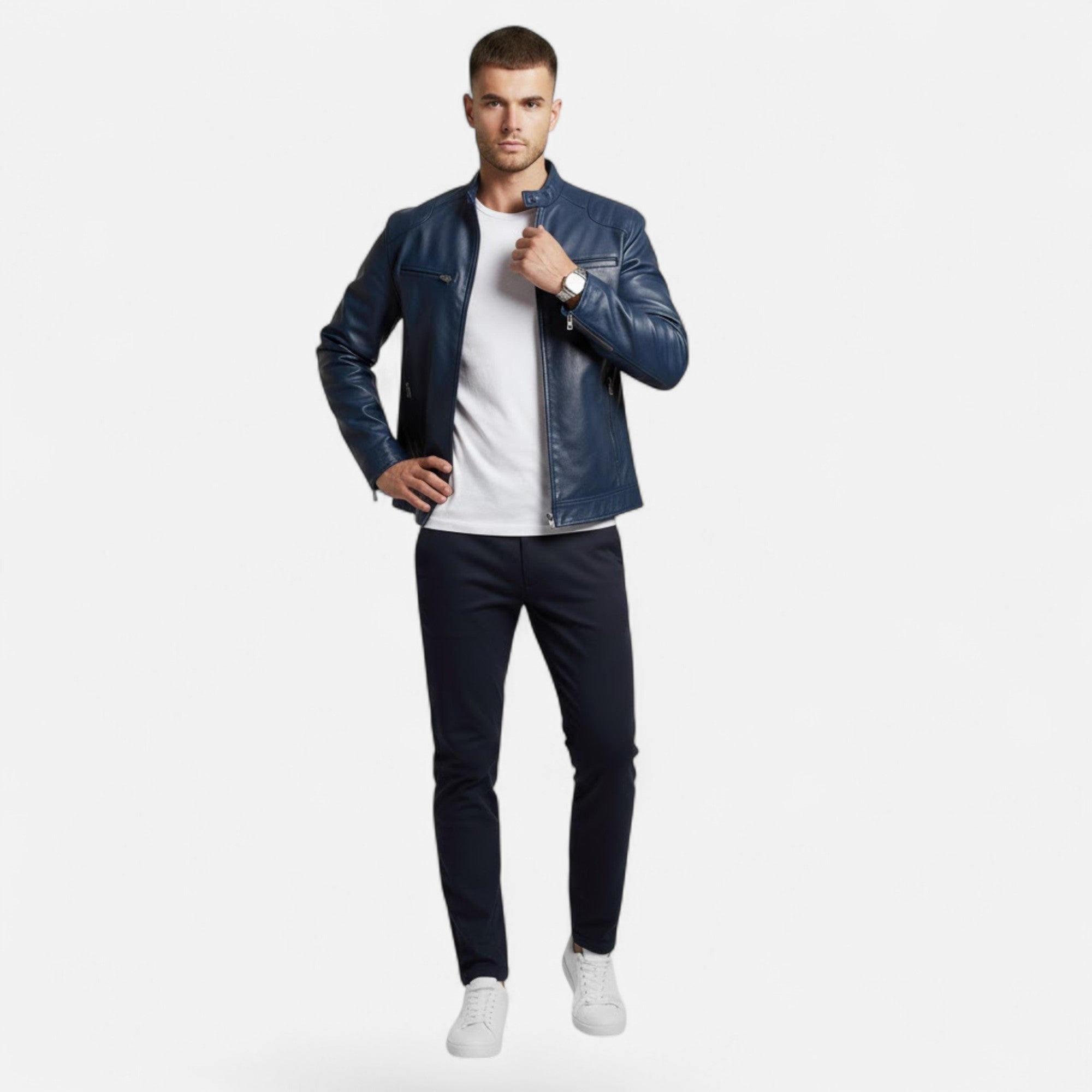 Valmonti | Men’s Stand-Collar Zip-Front Leather Jacket