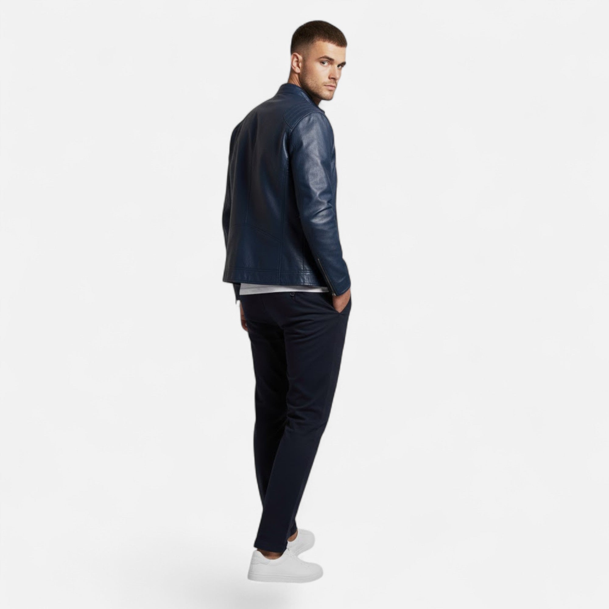 Valmonti | Men’s Stand-Collar Zip-Front Leather Jacket