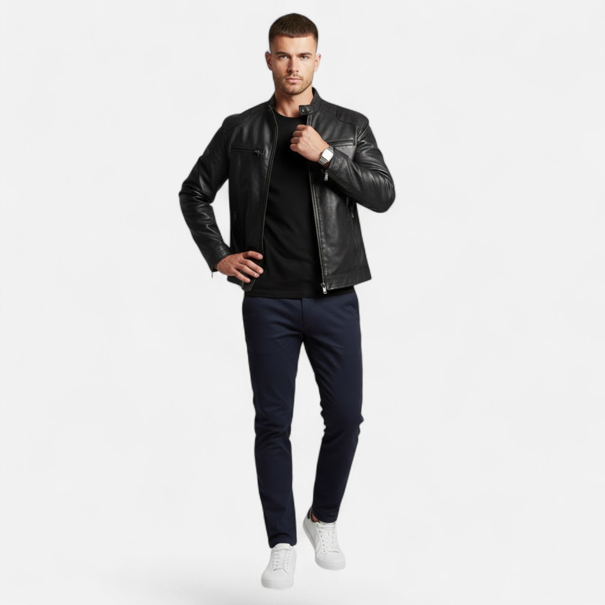 Valmonti | Men’s Stand-Collar Zip-Front Leather Jacket