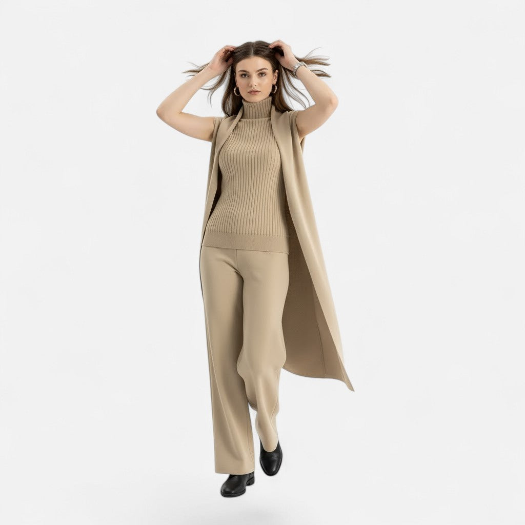 Valmonti | Women’s Knit Three-Piece Vest-Cardigan-Trousers Set