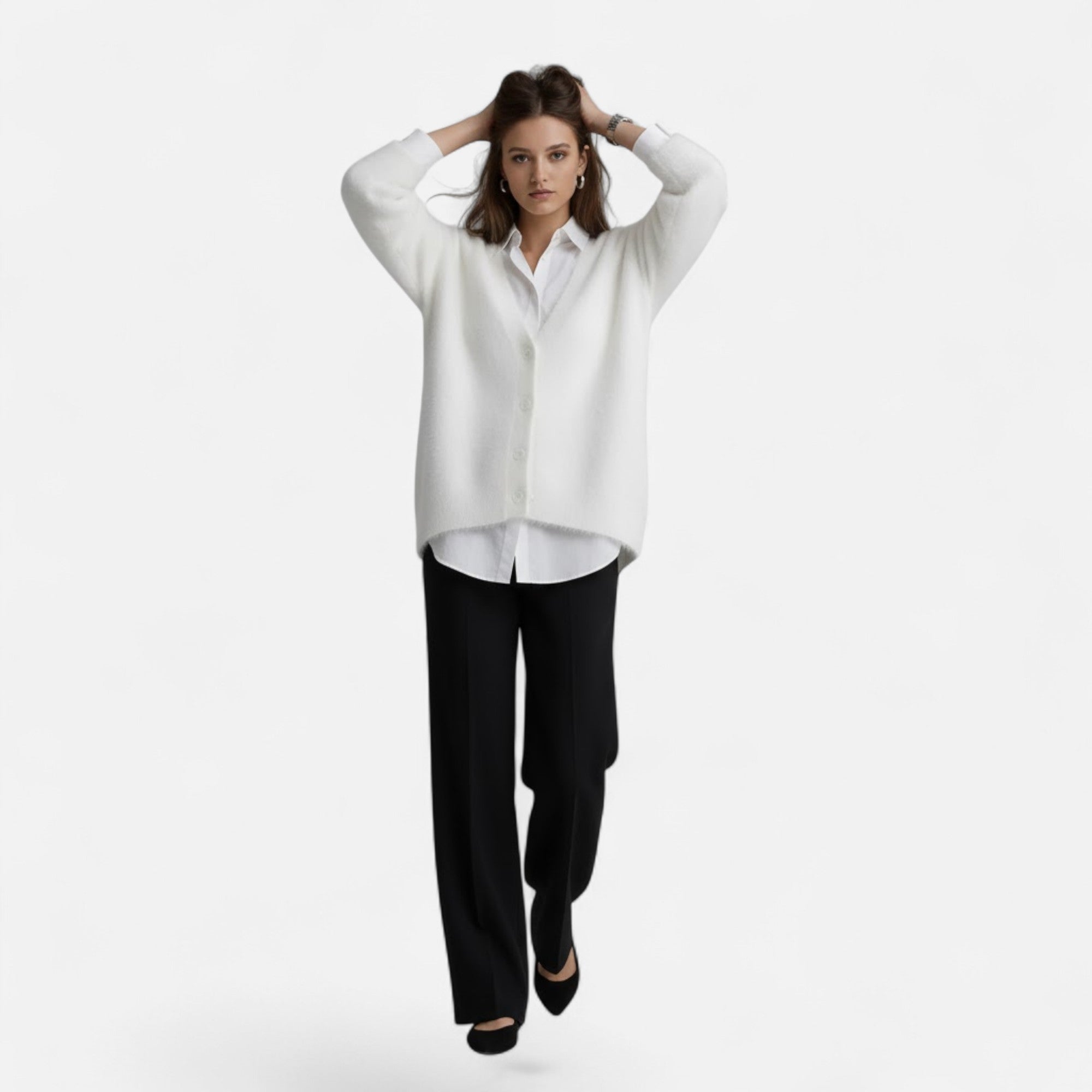 Valmonti | Women’s Loose V-Neck Buttoned Knit Cardigan