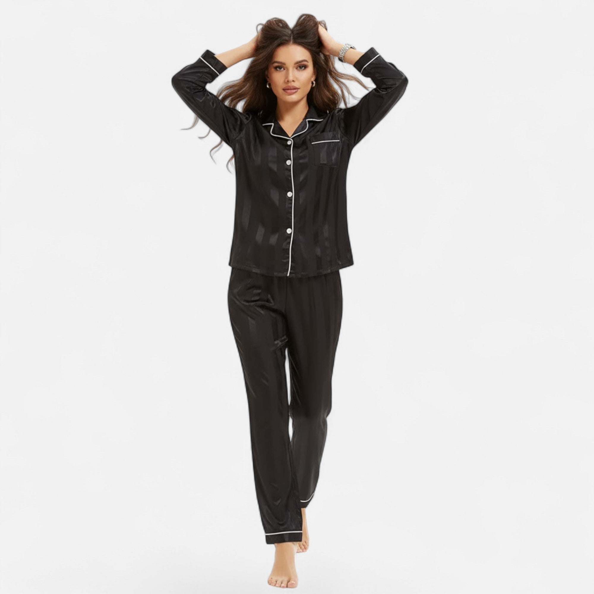 Valmonti | Women’s Silk-Touch Bold-Stripe Long Sleeve Lounge Set