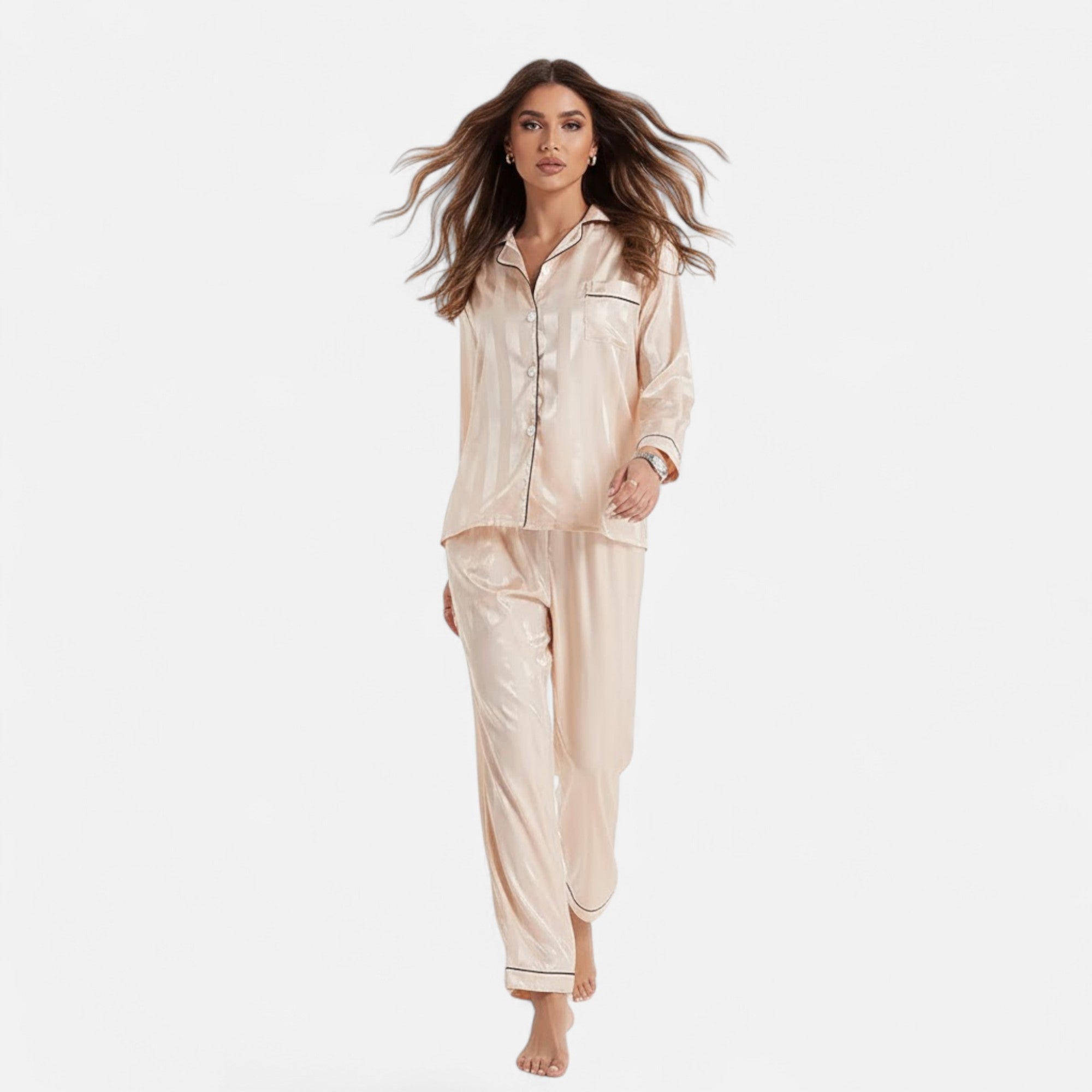 Valmonti | Women’s Silk-Touch Bold-Stripe Long Sleeve Lounge Set