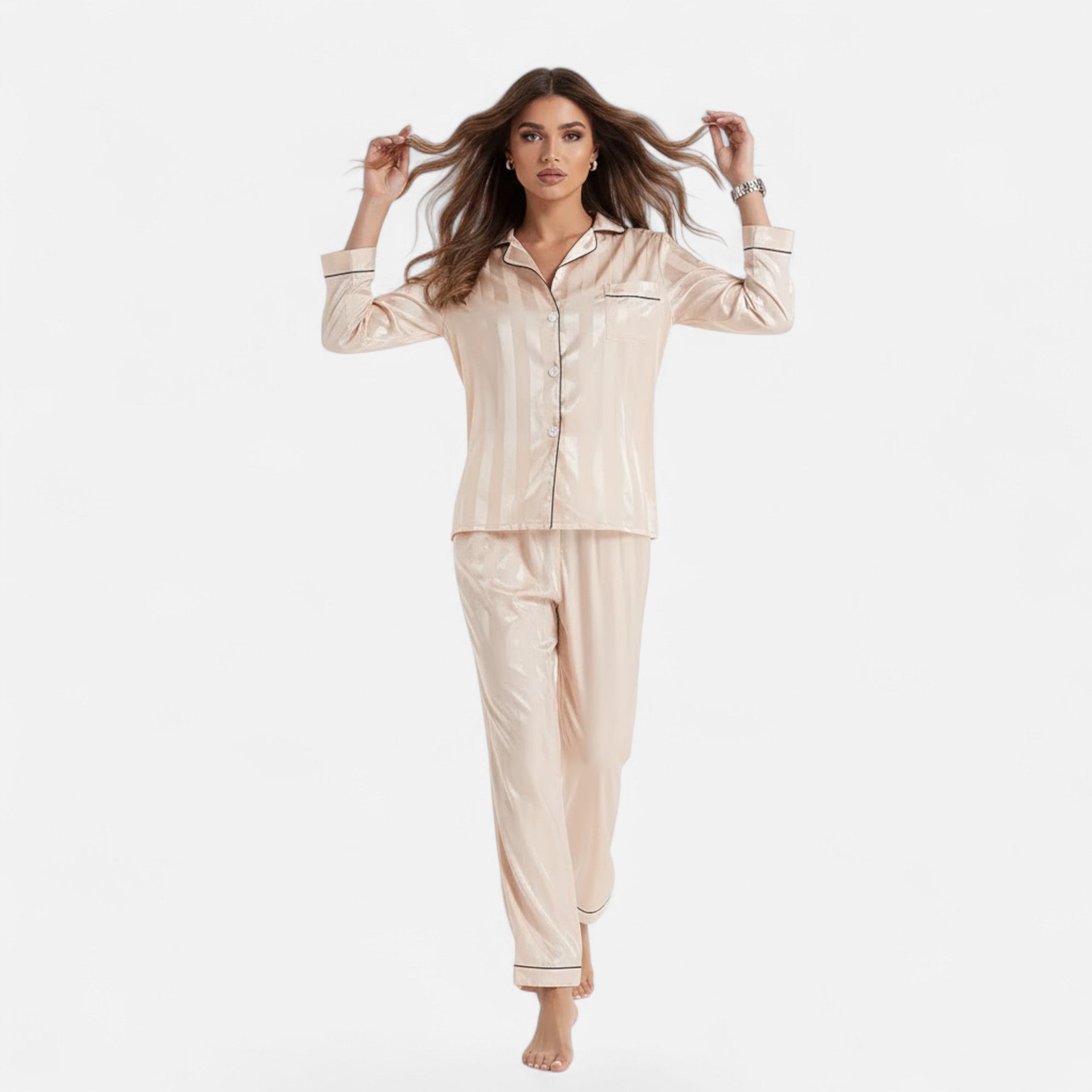 Valmonti | Women’s Silk-Touch Bold-Stripe Long Sleeve Lounge Set