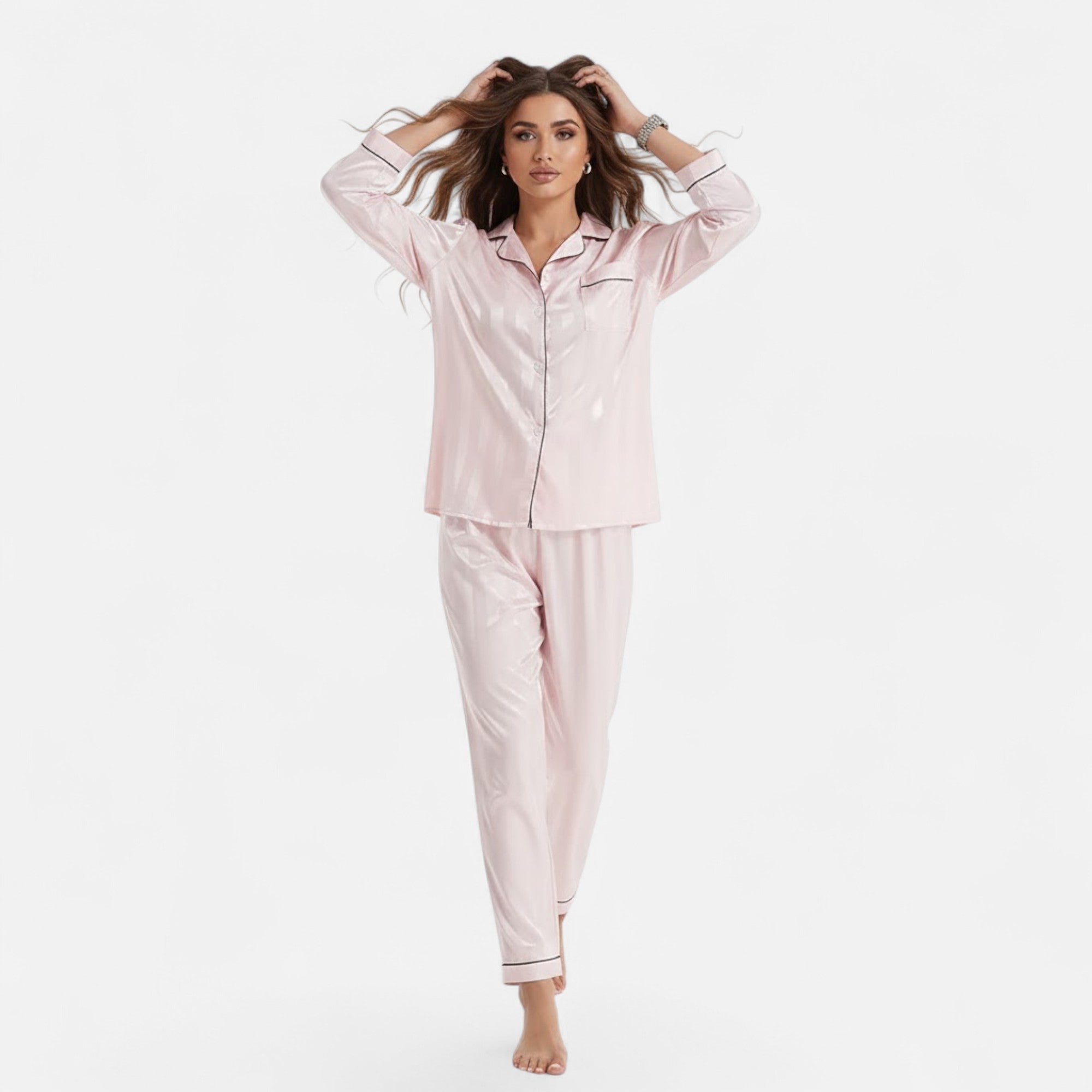 Valmonti | Women’s Silk-Touch Bold-Stripe Long Sleeve Lounge Set