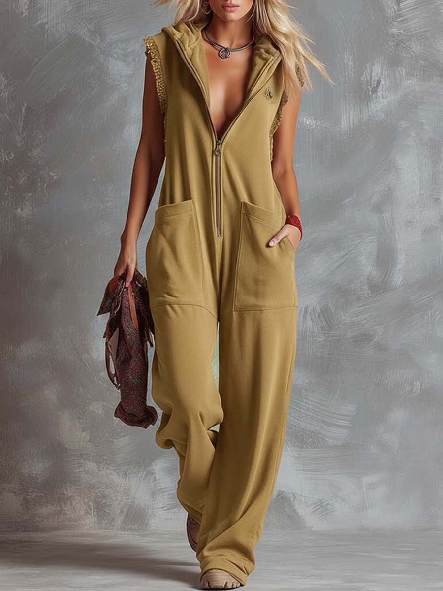 Combinaison à capuche sans manches pour femme – coupe décontractée, fermeture zippée à l’avant, style utilitaire pour une tenue streetwear décontractée