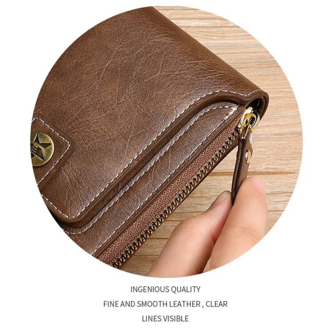 Carteira Vintage Masculina em Pele PU – Organizador Compacto com Fecho de Zíper para Cartões e Moedas